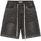 Cross-border hot diamond full diamond denim shorts European and American heavy industry old American retro loose straight cropped pants on the street