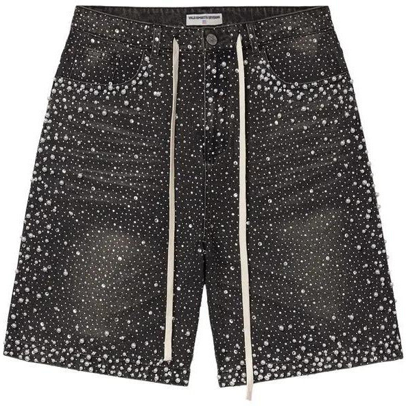 Cross-border hot diamond full diamond denim shorts European and American heavy industry old American retro loose straight cropped pants on the street