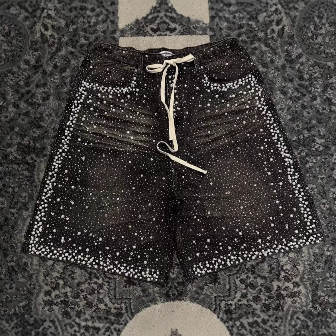 Cross-border hot diamond full diamond denim shorts European and American heavy industry old American retro loose straight cropped pants on the street