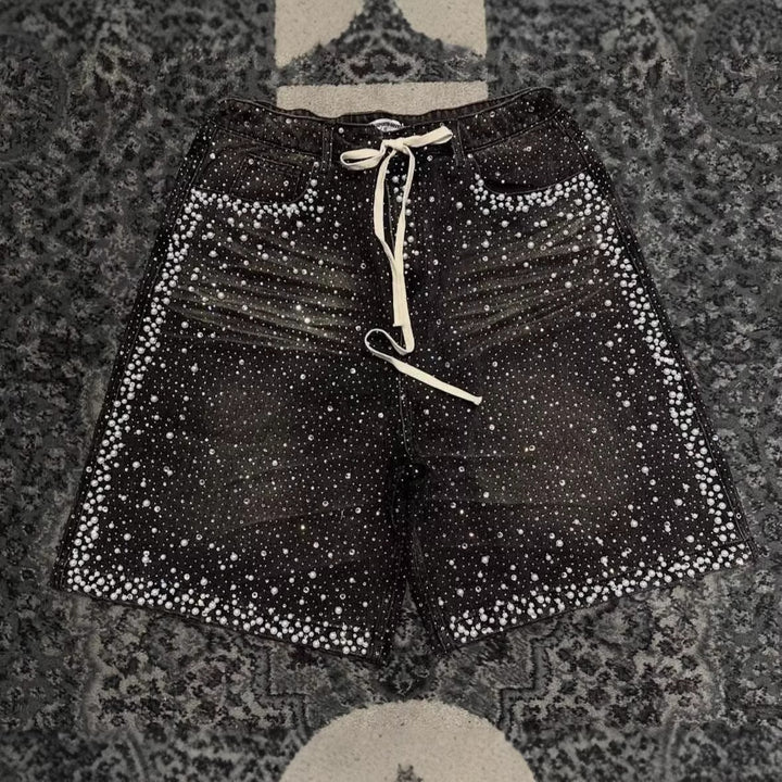 Cross-border hot diamond full diamond denim shorts European and American heavy industry old American retro loose straight cropped pants on the street