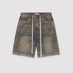 Cross-border hot diamond full diamond denim shorts European and American heavy industry old American retro loose straight cropped pants on the street