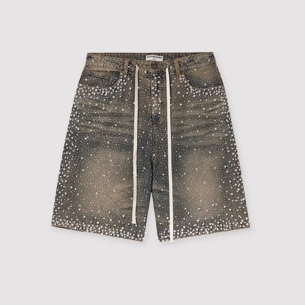 Cross-border hot diamond full diamond denim shorts European and American heavy industry old American retro loose straight cropped pants on the street