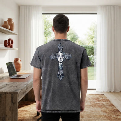 A professional man wearing a comfortable navy cotton t-shirt in a modern, sunlit room with terracotta and white accents.